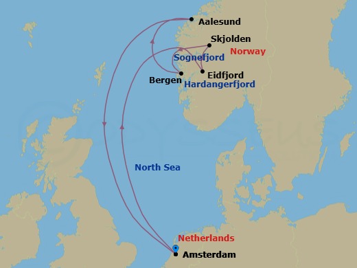 Route map: Amsterdam, The Netherlands → Eidfjord, Norway → Skjolden, Norway → Bergen, Norway → Alesund, Norway → Amsterdam, The Netherlands