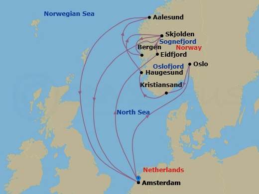 Route map: Amsterdam, The Netherlands → Eidfjord, Norway → Skjolden, Norway → Bergen, Norway → Alesund, Norway → Amsterdam, The Netherlands → Oslo, Norway → Kristiansand, Norway → Haugesund, Norway → Skjolden, Norway