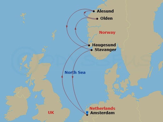 Route map: Amsterdam, Netherlands → Haugesund, Norway → Olden, Norway → Alesund, Norway → Stavanger, Norway → Amsterdam, Netherlands