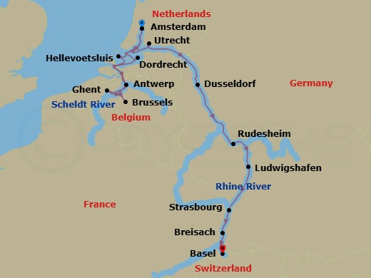 Route map: Amsterdam → Hellevoetsluis → Ghent → Brussels → Antwerp → Dordrecht → Amsterdam → Utrecht → Dusseldorf → Rudesheim