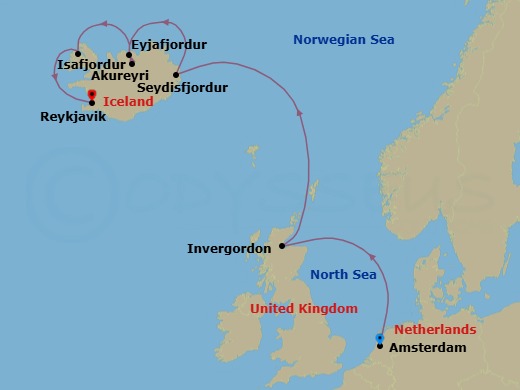 Route map: Amsterdam, The Netherlands → Invergordon (Inverness), Scotland, United Kingdom → Seydisfjordur, Iceland → Akureyri, Iceland → Isafjordur, Iceland → Reykjavik, Iceland
