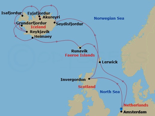 Route map: Amsterdam, The Netherlands → Invergordon (Inverness), Scotland, United Kingdom → Seydisfjordur, Iceland → Akureyri, Iceland → Isafjordur, Iceland → Reykjavik, Iceland → Grundarfjordur, Iceland → Heimaey, Westman Islands, Iceland → Runavik, Faroe Islands → Lerwick, Shetland Islands, United Kingdom