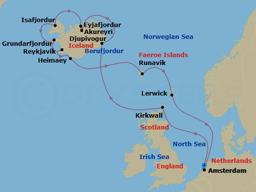 Route map: Amsterdam, The Netherlands → Kirkwall, Scotland, United Kingdom → Djupivogur, Iceland → Akureyri, Iceland → Isafjordur, Iceland → Grundarfjordur, Iceland → Reykjavik, Iceland → Heimaey, Westman Islands, Iceland → Runavik, Faroe Islands → Lerwick, Shetland Islands, United Kingdom