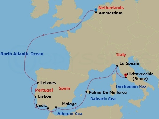 Route map: Amsterdam, Netherlands → Porto (Leixoes), Portugal → Lisbon, Portugal → Seville (Cadiz), Spain → Malaga, Spain → Palma De Mallorca, Spain → Florence/Pisa(Laspezia)Italy → Rome (Civitavecchia), Italy