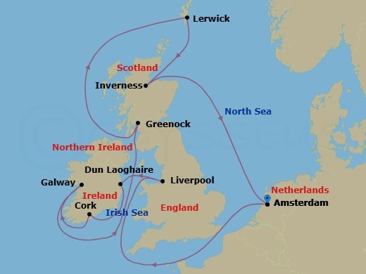 Route map: Amsterdam → Liverpool → Dun Laoghaire → Cork → Killybegs → Greenock → Lerwick → Inverness → Amsterdam