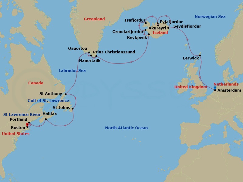 Route map: Amsterdam, The Netherlands → Lerwick, Shetland Islands, United Kingdom → Seydisfjordur, Iceland → Akureyri, Iceland → Isafjordur, Iceland → Grundarfjordur, Iceland → Reykjavik, Iceland → Nanortalik, Greenland → Qaqortoq, Greenland → St Anthony, Newfoundland, Canada
