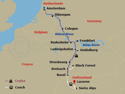Route map: Amsterdam, The Netherlands (Embarkation) → Amsterdam → Nijmegen → Cologne, Germany → Rhine Gorge-Rudesheim → Frankfurt → Ludwigshafen Excursion To Heidelberg → Strasbourg, France → Breisach, Germany Excursion To Black Forest → Basel, Switzerland (Disembarkation)-Swiss Alps