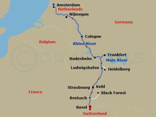 Route map: Amsterdam, The Netherlands (Embarkation) → Amsterdam → Nijmegen → Cologne, Germany → Rhine Gorge-Rudesheim → Frankfurt → Ludwigshafen Excursion To Heidelberg → Strasbourg, France → Breisach, Germany Excursion To Black Forest → Basel, Switzerland (Disembarkation)