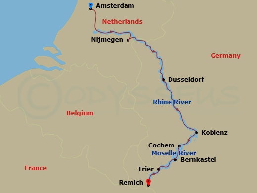 Route map: Amsterdam, The Netherlands (Embarkation) → Nijmegen → Dusseldorf → Koblenz → Cochem → Bernkastel → Trier → Remich (Disembarkation)