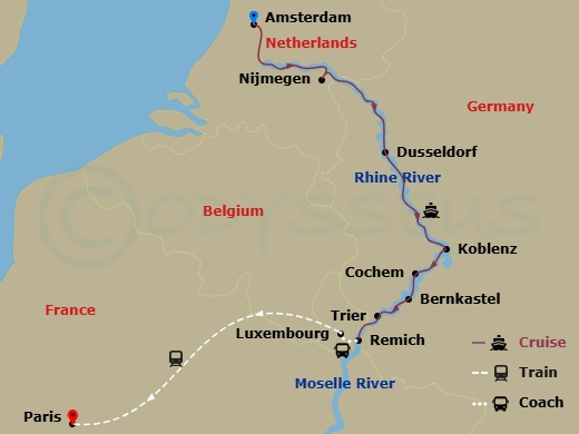 Route map: Amsterdam, The Netherlands (Embarkation) → Nijmegen → Dusseldorf → Koblenz → Cochem → Bernkastel → Trier → Remich Excursion To Luxembourg City (Disembarkation)-Paris, France → Paris