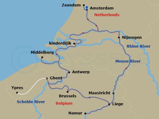 Route map: Amsterdam, The Netherlands → Amsterdam (Embarkation) → Nijmegen Excursion To → Maastricht → Namur, Belgium → Liege → Antwerp → Brussels → Ghent → Ghent Excursion To Flanders Field Museum