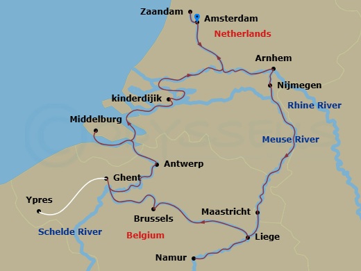 Route map: Amsterdam, The Netherlands (Embarkation) → Nijmegen Excursion To Arnhem → Maastricht → Namur, Belgium → Liege → Antwerp → Brussels → Ghent → Ghent Excursion To Flanders Field Museum → Middelburg, The Netherlands