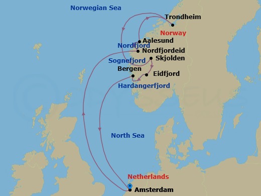 Route map: Amsterdam, The Netherlands → Nordfjordeid, Norway → Alesund, Norway → Trondheim, Norway → Skjolden, Norway → Eidfjord, Norway → Bergen, Norway → Amsterdam, The Netherlands