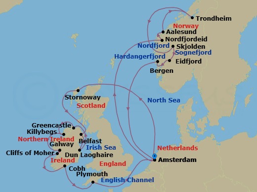 Route map: Amsterdam, The Netherlands → Nordfjordeid, Norway → Alesund, Norway → Trondheim, Norway → Skjolden, Norway → Eidfjord, Norway → Bergen, Norway → Amsterdam, The Netherlands → Stornoway, Isle of Lewis, Scotland, United Kingdom → Belfast, Northern Ireland, United Kingdom