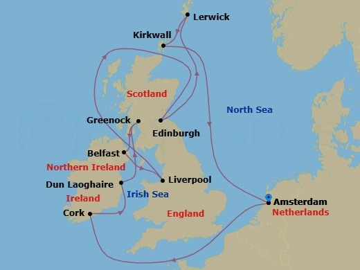 Route map: Amsterdam, Netherlands → Cork (Cobh), Ireland → Dun Laoghaire, Ireland → Glasgow (Greenock), Scotland → Belfast, Northern Ireland → Liverpool, England → Edinburgh, Scotland → Lerwick/Shetland, Scotland → Kirkwall, Scotland → Amsterdam, Netherlands