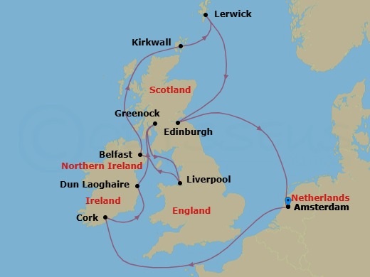 Route map: Amsterdam → Cork → Dun Laoghaire → Greenock → Liverpool → Belfast → Kirkwall → Lerwick → Edinburgh → Amsterdam