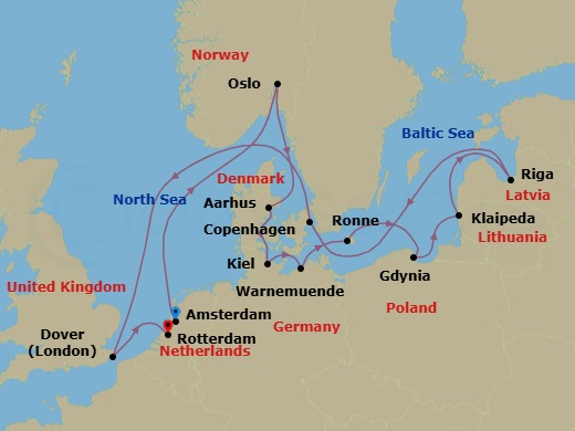 Route map: Amsterdam, The Netherlands → Oslo, Norway → Aarhus, Denmark → Kiel (Hamburg), Germany → Warnemunde (Berlin), Germany → Ronne (Bornholm), Denmark → Gdynia (Gdansk), Poland → Klaipeda, Lithuania → Riga, Latvia → Copenhagen, Denmark