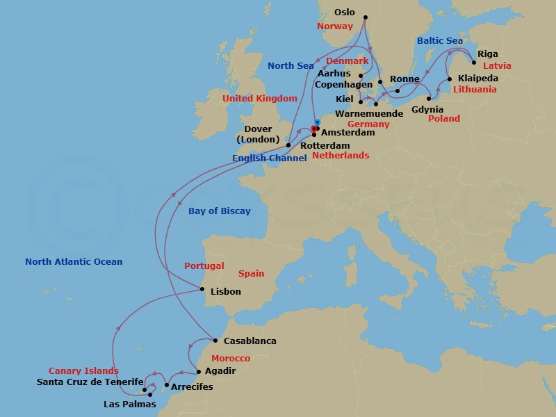 Route map: Amsterdam, The Netherlands → Oslo, Norway → Aarhus, Denmark → Kiel (Hamburg), Germany → Warnemunde (Berlin), Germany → Ronne (Bornholm), Denmark → Gdynia (Gdansk), Poland → Klaipeda, Lithuania → Riga, Latvia → Copenhagen, Denmark