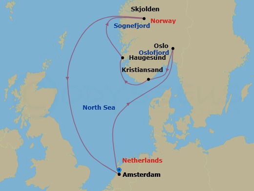 Route map: Amsterdam, The Netherlands → Oslo, Norway → Kristiansand, Norway → Haugesund, Norway → Skjolden, Norway → Amsterdam, The Netherlands