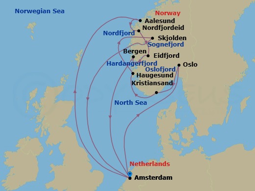 Route map: Amsterdam, The Netherlands → Oslo, Norway → Kristiansand, Norway → Haugesund, Norway → Skjolden, Norway → Amsterdam, The Netherlands → Alesund, Norway → Nordfjordeid, Norway → Eidfjord, Norway → Bergen, Norway
