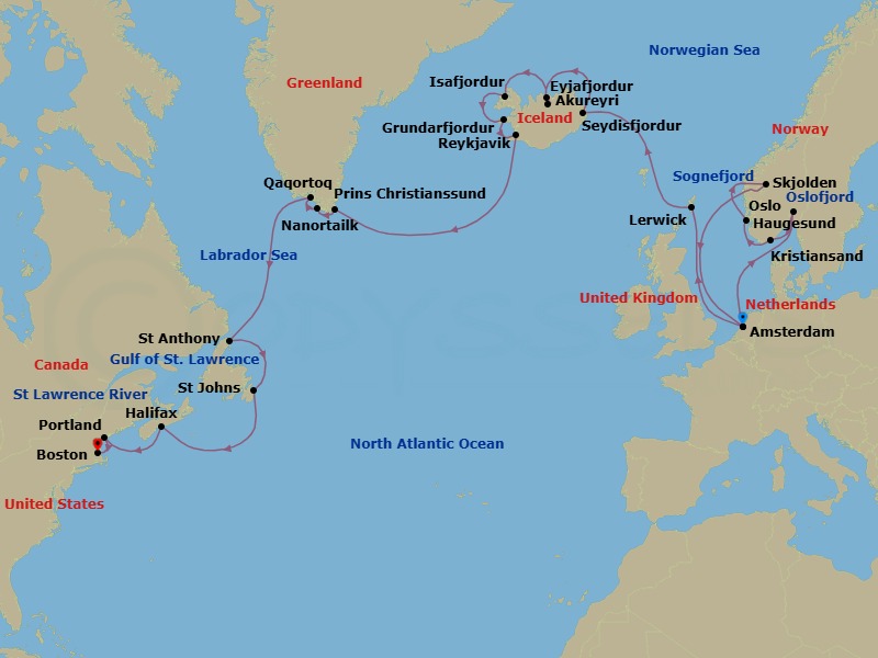 Route map: Amsterdam, The Netherlands → Oslo, Norway → Kristiansand, Norway → Haugesund, Norway → Skjolden, Norway → Amsterdam, The Netherlands → Lerwick, Shetland Islands, United Kingdom → Seydisfjordur, Iceland → Akureyri, Iceland → Isafjordur, Iceland