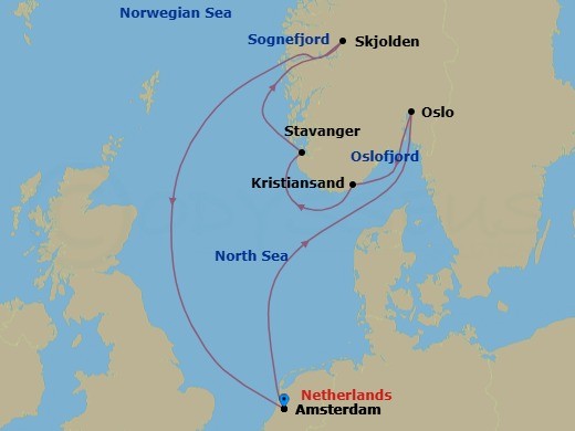 Route map: Amsterdam, The Netherlands → Oslo, Norway → Kristiansand, Norway → Stavanger, Norway → Skjolden, Norway → Amsterdam, The Netherlands