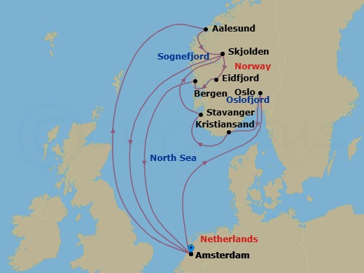 Route map: Amsterdam, The Netherlands → Oslo, Norway → Kristiansand, Norway → Stavanger, Norway → Skjolden, Norway → Amsterdam, The Netherlands → Alesund, Norway → Skjolden, Norway → Eidfjord, Norway → Bergen, Norway