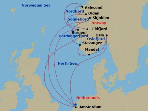 Route map: Amsterdam → Oslofjord → Oslo → Rosendal → Stavanger → Sognefjord → Skjolden → Amsterdam → Eidfjord → Hardangerfjord