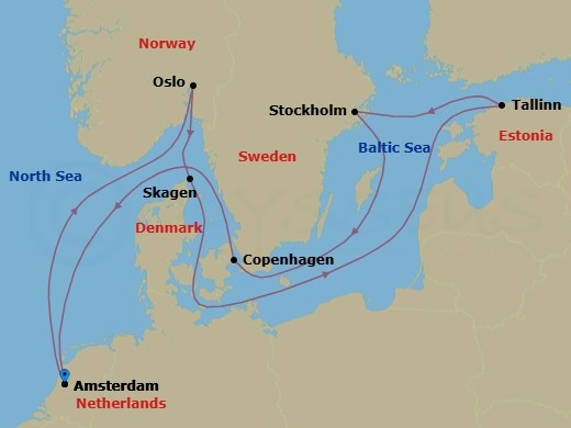 Route map: Amsterdam, Netherlands → Oslo, Norway → Skagen, Denmark → Tallinn, Estonia → Stockholm, Sweden → Copenhagen, Denmark → Amsterdam, Netherlands
