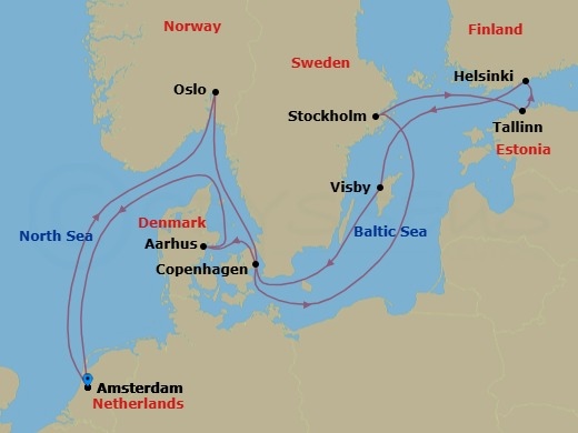 Route map: Amsterdam, Netherlands → Oslo, Norway → Stockholm, Sweden → Tallinn, Estonia → Helsinki, Finland → Visby, Sweden → Copenhagen, Denmark → Aarhus, Denmark → Amsterdam, Netherlands