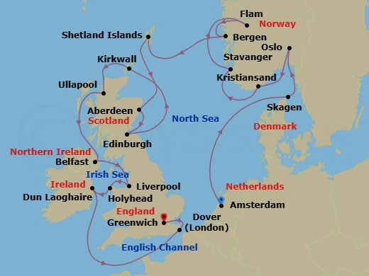 Route map: Amsterdam → Skagen → Oslo → Kristiansand → Stavanger → Flam → Bergen → Shetland Islands (Lerwick) → Aberdeen → Edinburgh (Newhaven Harbour)