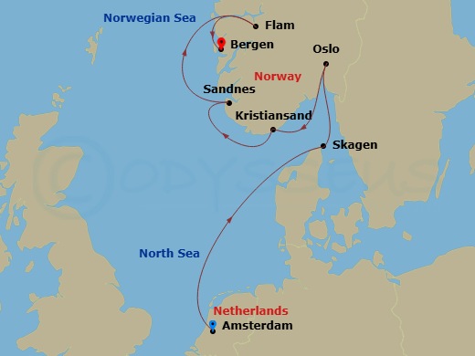 Route map: Amsterdam → Skagen → Oslo → Kristiansand → Sandnes → Flam → Bergen