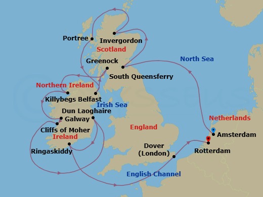 Route map: Amsterdam, The Netherlands → South Queensferry (Edinburgh), Scotland, United Kingdom → Invergordon (Inverness), Scotland, United Kingdom → Portree (Isle of Skye), Scotland, United Kingdom → Belfast, Northern Ireland, United Kingdom → Greenock (Glasgow), Scotland, United Kingdom → Killybegs, Donegal, Ireland → Galway, Ireland → Dun Laoghaire (Dublin), Ireland → Ringaskiddy (Cork), Ireland