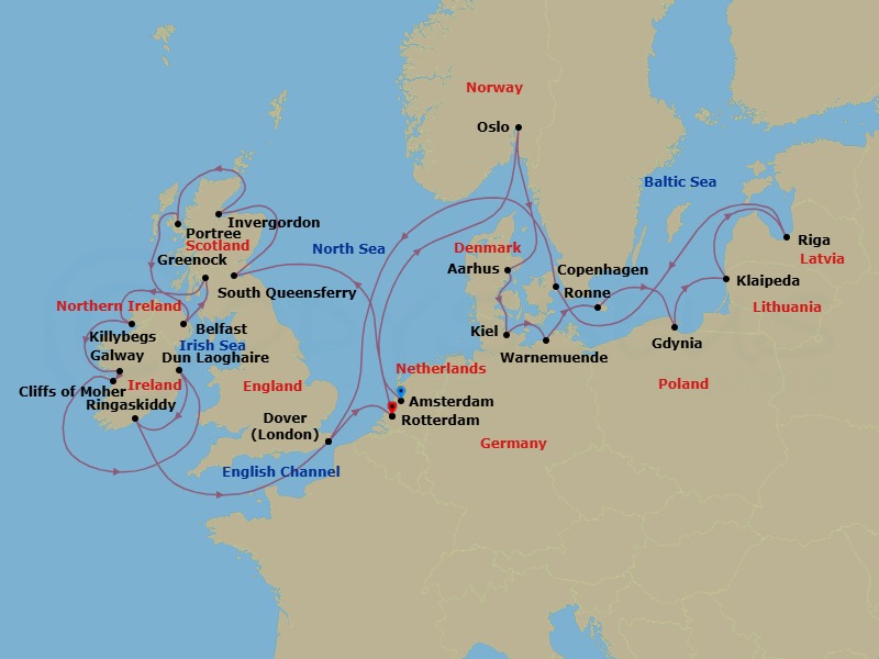 Route map: Amsterdam, The Netherlands → South Queensferry (Edinburgh), Scotland, United Kingdom → Invergordon (Inverness), Scotland, United Kingdom → Portree (Isle of Skye), Scotland, United Kingdom → Belfast, Northern Ireland, United Kingdom → Greenock (Glasgow), Scotland, United Kingdom → Killybegs, Donegal, Ireland → Galway, Ireland → Dun Laoghaire (Dublin), Ireland → Ringaskiddy (Cork), Ireland