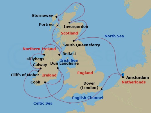 Route map: Amsterdam, The Netherlands → South Queensferry (Edinburgh), Scotland, United Kingdom → Invergordon (Inverness), Scotland, United Kingdom → Stornoway, Isle of Lewis, Scotland, United Kingdom → Portree (Isle of Skye), Scotland, United Kingdom → Belfast, Northern Ireland, United Kingdom → Killybegs, Donegal, Ireland → Galway, Ireland → Dun Laoghaire (Dublin), Ireland → Cobh (Cork), Ireland