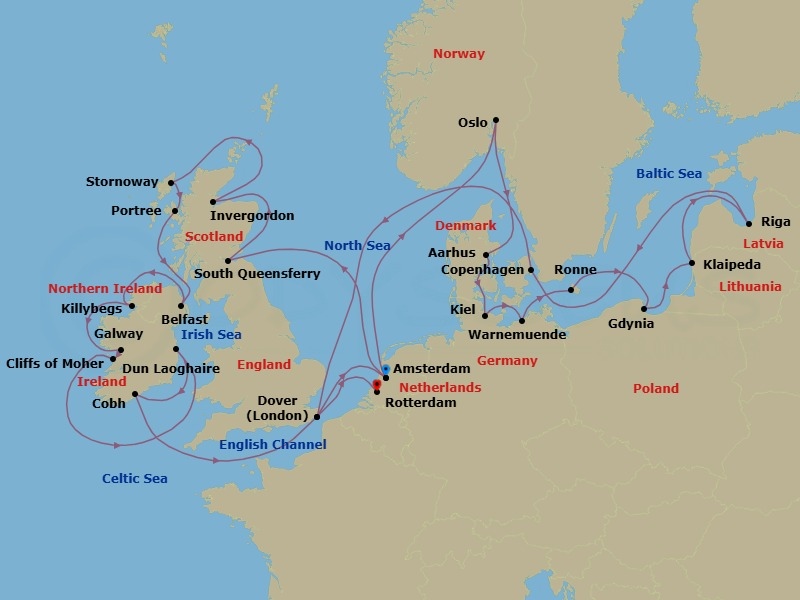Route map: Amsterdam, The Netherlands → South Queensferry (Edinburgh), Scotland, United Kingdom → Invergordon (Inverness), Scotland, United Kingdom → Stornoway, Isle of Lewis, Scotland, United Kingdom → Portree (Isle of Skye), Scotland, United Kingdom → Belfast, Northern Ireland, United Kingdom → Killybegs, Donegal, Ireland → Galway, Ireland → Dun Laoghaire (Dublin), Ireland → Cobh (Cork), Ireland