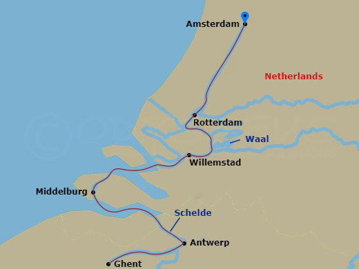 Route map: Amsterdam, The Netherlands (Embarkation) → Rotterdam → Antwerp, Belgium → Ghent → Middelburg, The Netherlands → Willemstad → Amsterdam → Amsterdam (Disembarkation)