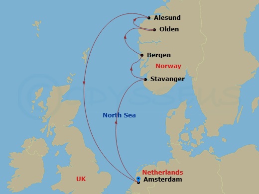 Route map: Amsterdam, Netherlands → Stavanger, Norway → Bergen, Norway → Olden, Norway → Alesund, Norway → Amsterdam, Netherlands