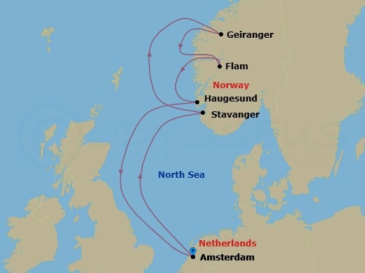 Route map: Amsterdam, Netherlands → Stavanger, Norway → Geiranger, Norway → Flam, Norway → Haugesund, Norway → Amsterdam, Netherlands
