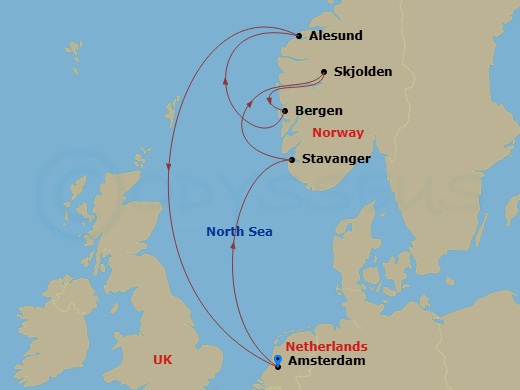 Route map: Amsterdam, Netherlands → Stavanger, Norway → Skjolden, Norway → Bergen, Norway → Alesund, Norway → Amsterdam, Netherlands