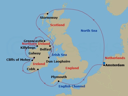 Route map: Amsterdam, The Netherlands → Stornoway, Isle of Lewis, Scotland, United Kingdom → Belfast, Northern Ireland, United Kingdom → Dun Laoghaire (Dublin), Ireland → Greencastle (Londonderry), Ireland → Killybegs, Donegal, Ireland → Galway, Ireland → Cobh (Cork), Ireland → Plymouth, England, United Kingdom → Amsterdam, The Netherlands