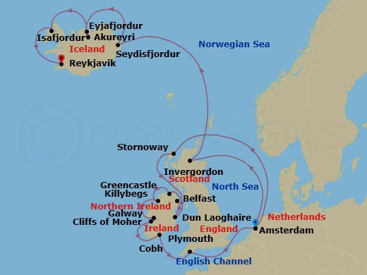 Route map: Amsterdam, The Netherlands → Stornoway, Isle of Lewis, Scotland, United Kingdom → Belfast, Northern Ireland, United Kingdom → Dun Laoghaire (Dublin), Ireland → Greencastle (Londonderry), Ireland → Killybegs, Donegal, Ireland → Galway, Ireland → Cobh (Cork), Ireland → Plymouth, England, United Kingdom → Amsterdam, The Netherlands