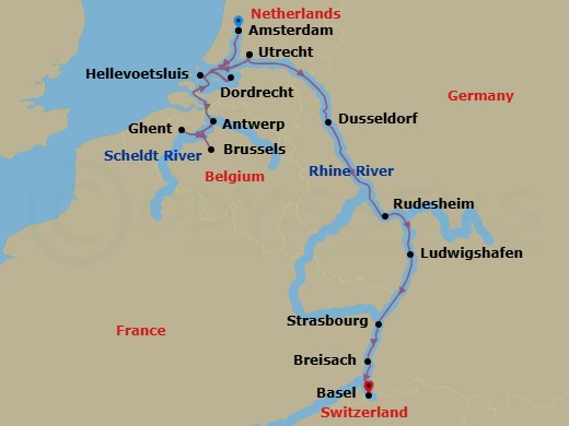 Route map: Amsterdam → Utrecht → Hellevoetsluis → Ghent → Brussels → Antwerp → Dordrecht → Amsterdam → Utrecht → Dusseldorf
