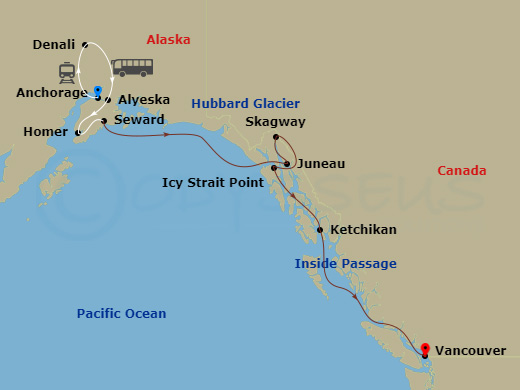 Route map: Anchorage, Alaska → Denali, Alaska → Alyeska (Girdwood), Alaska → Homer, Alaska → Alyeska (Girdwood), Alaska → Homer, Alaska → Seward, Alaska → Juneau, Alaska → Skagway, Alaska → Icy Strait Point, Alaska