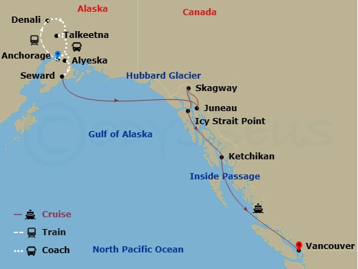 Route map: Anchorage, Alaska → Denali, Alaska → Talkeetna, Alaska → Anchorage, Alaska → Alyeska (Girdwood), Alaska → Seward, Alaska → Alyeska (Girdwood), Alaska → Seward, Alaska → Juneau, Alaska → Skagway, Alaska