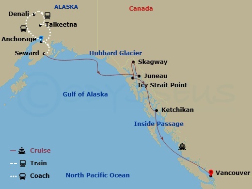 Route map: Anchorage, Alaska → Denali, Alaska → Talkeetna, Alaska → Anchorage, Alaska → Seward, Alaska → Anchorage, Alaska → Seward, Alaska → Juneau, Alaska → Skagway, Alaska → Icy Strait Point, Alaska