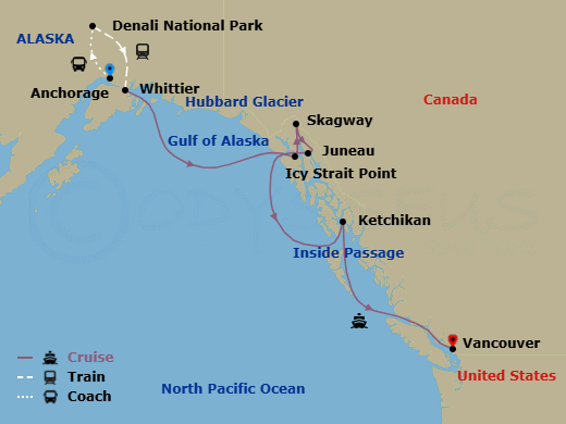 Route map: Anchorage, Alaska, US → Denali National Park → Whittier, Alaska, US → Icy Strait Point, Alaska, US → Skagway, Alaska, US → Juneau, Alaska, US → Ketchikan, Alaska, US → Vancouver, B.C., CA