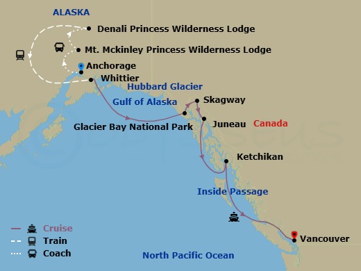 Route map: Anchorage → Mt. Mckinley Princess Wilderness Lodge → Denali Princess Wilderness Lodge → Anchorage (Whittier), Alaska → Skagway, Alaska → Juneau, Alaska → Ketchikan, Alaska → Vancouver, Canada