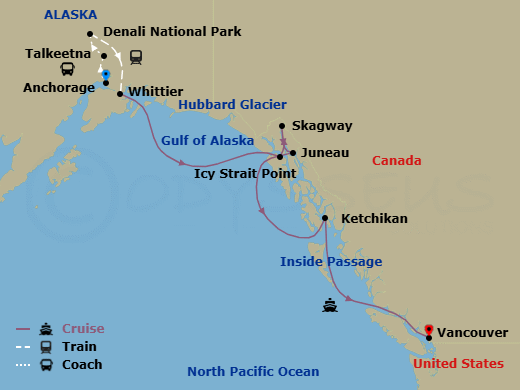 Route map: Anchorage, Alaska, US → Talkeetna → Denali National Park → Whittier, Alaska, US → Icy Strait Point, Alaska, US → Skagway, Alaska, US → Juneau, Alaska, US → Ketchikan, Alaska, US → Vancouver, B.C., CA