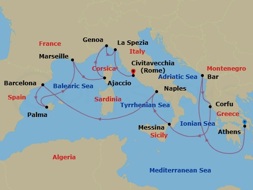 Route map: Athens (Piraeus), Greece → Bar, Montenegro → Corfu, Greece → Sicily (Messina), Italy → Naples, Italy (for Capri & Pompeii) → Barcelona, Spain → Mallorca (Palma), Spain → Marseille (Provence), France → Corsica (Ajaccio), France → Genoa (for Cinque Terre), Italy